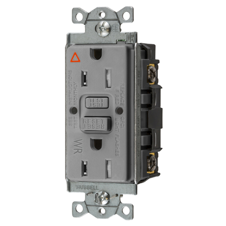 HUBBELL WIRING DEVICE-KELLEMS Power Protection Devices, Receptacle, Self Test, GFCI, IG, TRWR, Commercial Grade, 15A 125V, 2-Pole 3-Wire Grounding, 5-15R, Gray GFTWRST15GYIG